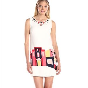 Vince Camuto Printed Shift Dress Embellished Neck
